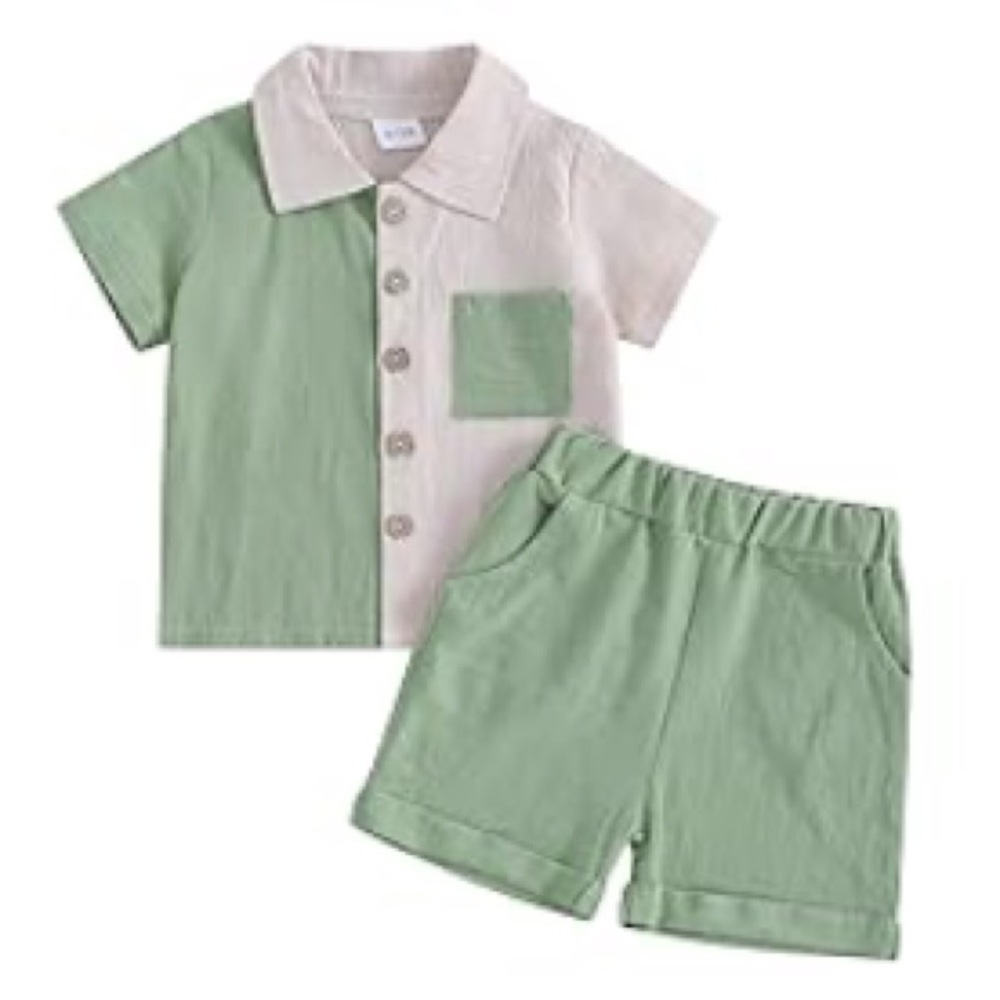 3T Boys Green Cotton Linen Short Sleeve Button Down with Shorts set